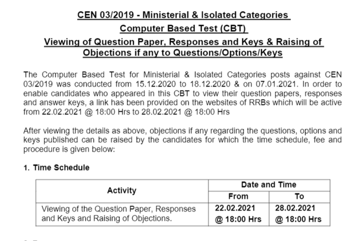 RRB MI Answer Key 2021 Out Download PDF, RRB Ministerial and Isolated Categories Key, Objections