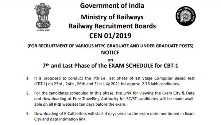 RRB NTPC 2021 Phase 7 Exam Date Out – Railways 01/2019 Exam from 23 July for 2.78 Lakh Candidates