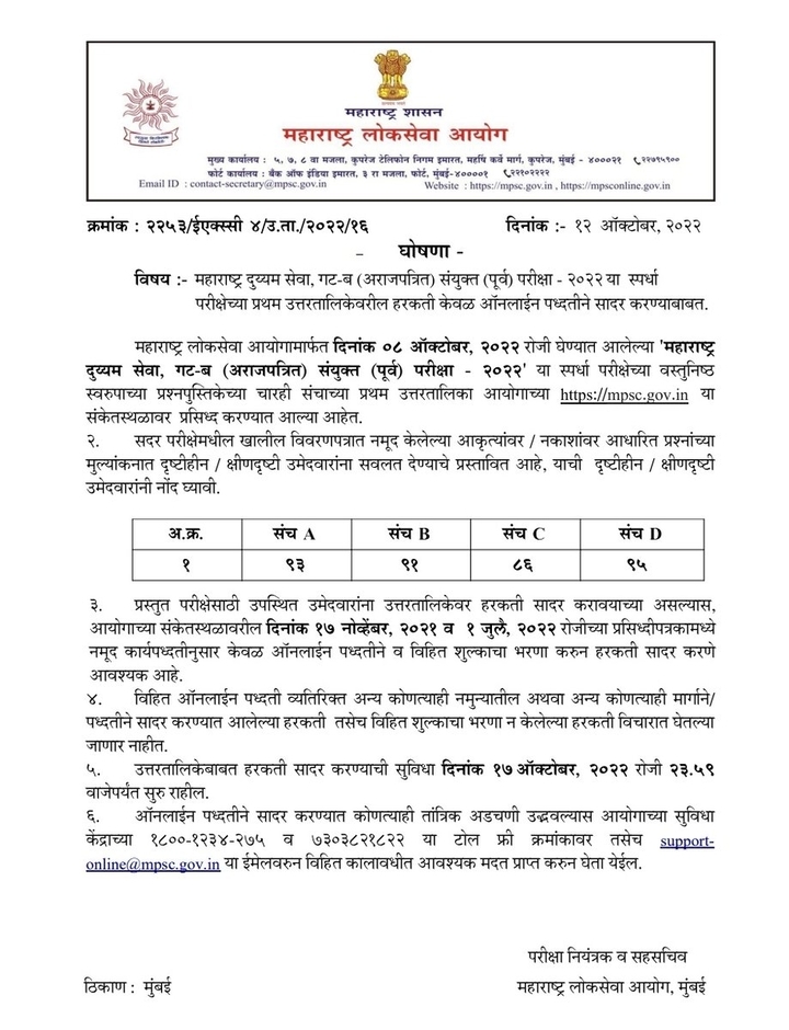 MPSC संयुक्त पूर्व उत्तरतालिका 2022, MPSC Combined Prelims Official Answer Key Out, Download PDF