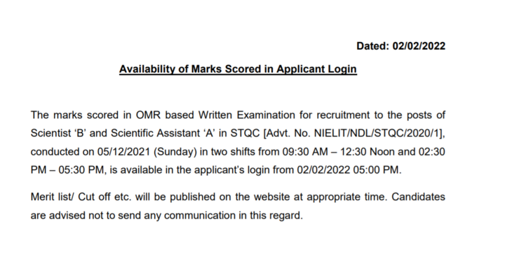 NIELIT Scientist B & Technical Assistant Result 2021-2022: Score Card (Out), Merit List