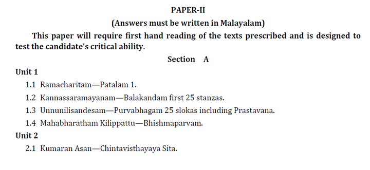 UPSC Malayalam Literature Syllabus for Paper 2
