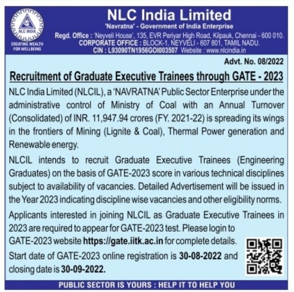 NLC Recruitment Through GATE 2023- Notification Released